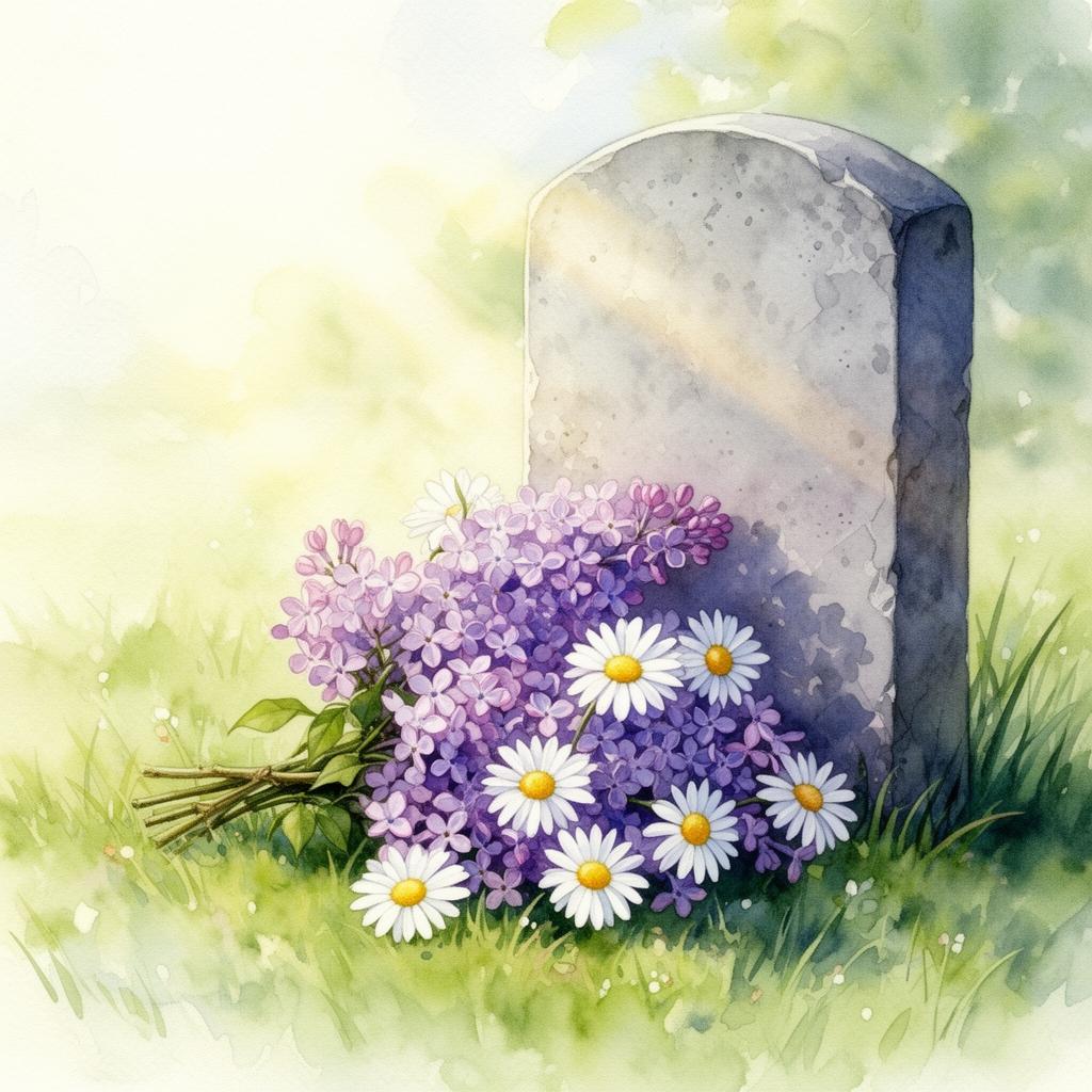 A bouquet of lilac and daisies at a gravesite